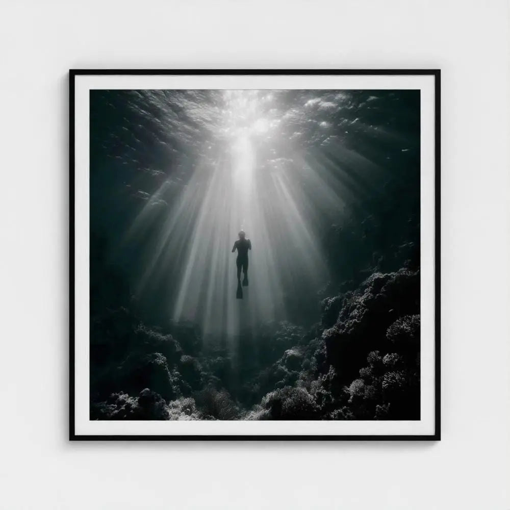 Silent Descent — Underwater Diver Wall Art Print, Ocean Photography, Sunbeams Nautical Coastal Decor
