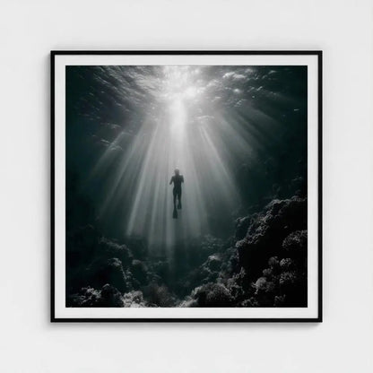 Silent Descent — Underwater Diver Wall Art Print, Ocean Photography, Sunbeams Nautical Coastal Decor
