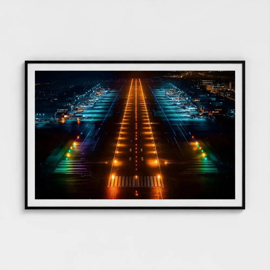 Airport Runway Wall Art Print – Night Lights Aviation Photography, Modern Decor