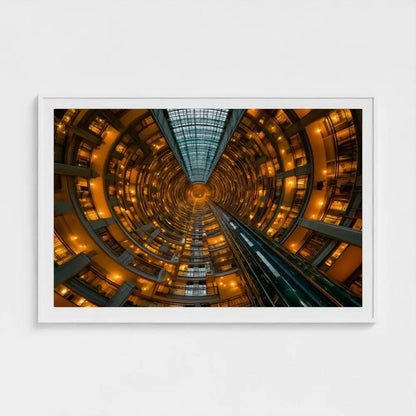 Golden Vortex — Architectural Atrium Fine Art Wall Print, Futuristic Building, Urban Geometry Modern Decor