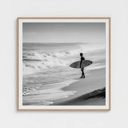 Tide Watch — Surfer Wall Art Print, Black & White Beach Photography, Minimal Coastal Decor