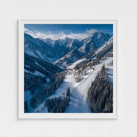 Ski Valley Wall Art Print – Sunlit Alpine Piste Photography, Winter Mountain Decor
