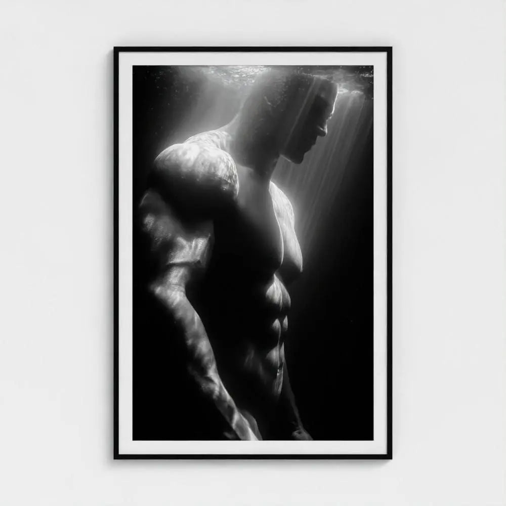 Male Surfer Wall Art Print – Black & White Torso Photography, Minimalist Ocean Decor