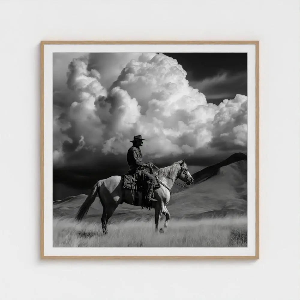 Black and White Cowboy Photography Print, Western Horse Wall Art, Rustic Mountain Landscape Decor, Fine Art Ranch Style Home Artwork