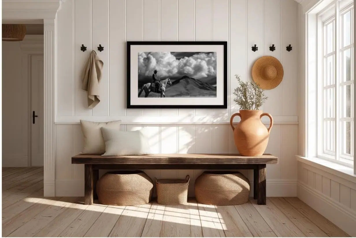 Black and White Cowboy Photography Print, Western Horse Wall Art, Rustic Mountain Landscape Decor, Fine Art Ranch Style Home Artwork