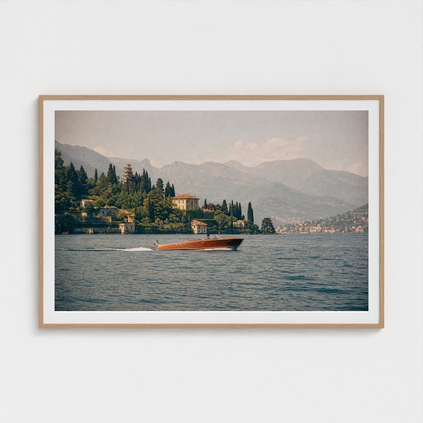 Lake Como Wall Art — 60 × 40 natural wood frame mockup