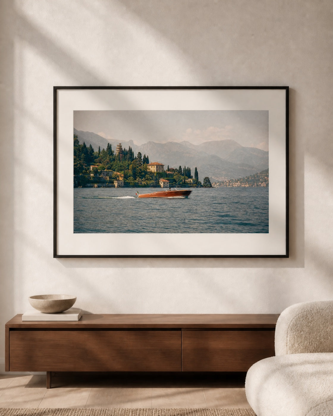Lake Como Wall Art in a warm modern living room — framed Italian lake photography