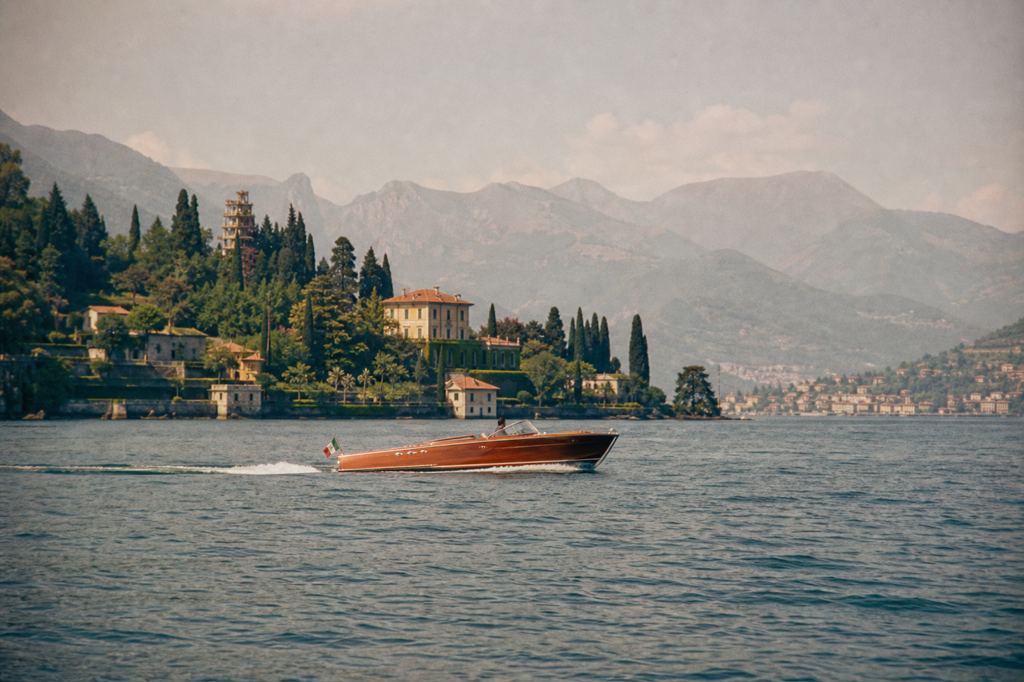 Lake Como wooden runabout photograph — editorial Italian lake wall art