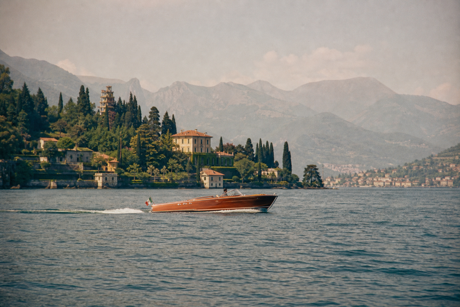 Lake Como wooden runabout photograph — editorial Italian lake wall art