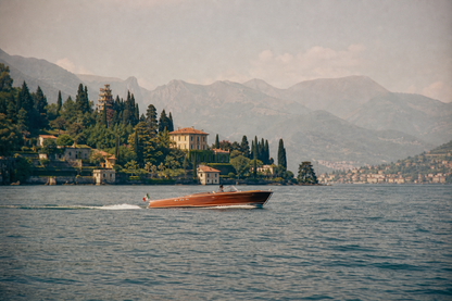 Lake Como wooden runabout photograph — editorial Italian lake wall art