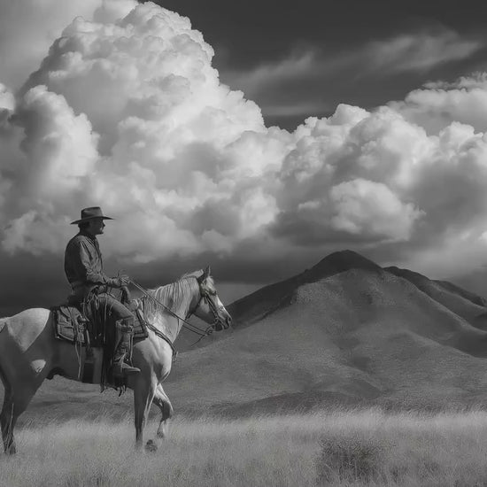 Black and White Cowboy Photography Print, Western Horse Wall Art, Rustic Mountain Landscape Decor, Fine Art Ranch Style Home Artwork