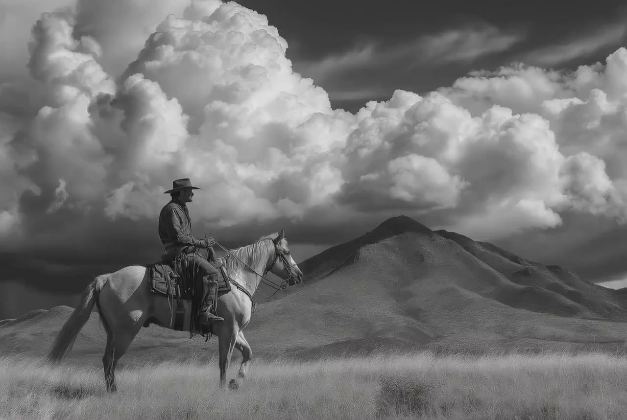 Black and White Cowboy Photography Print, Western Horse Wall Art, Rustic Mountain Landscape Decor, Fine Art Ranch Style Home Artwork