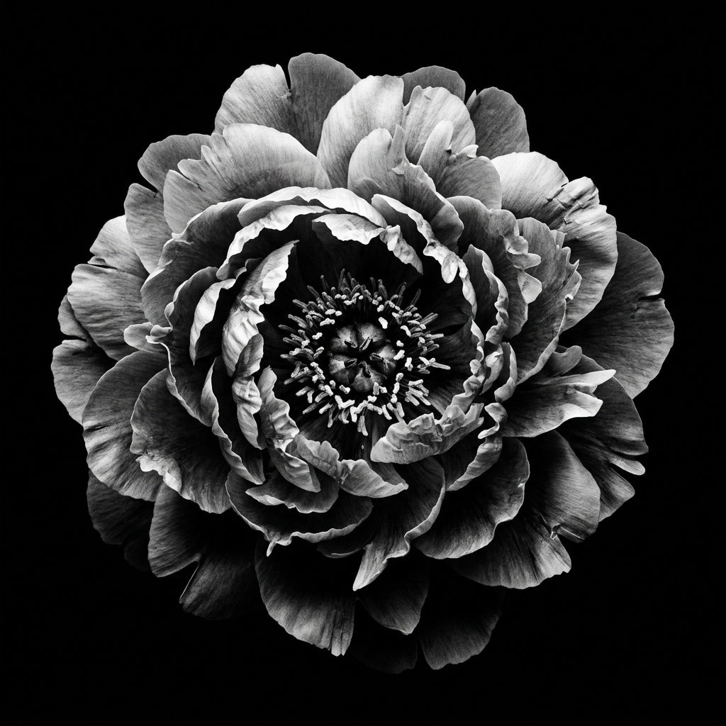 Raw unframed artwork — Peony Wall Art — Black and White Botanical Photography — source 13253398626607