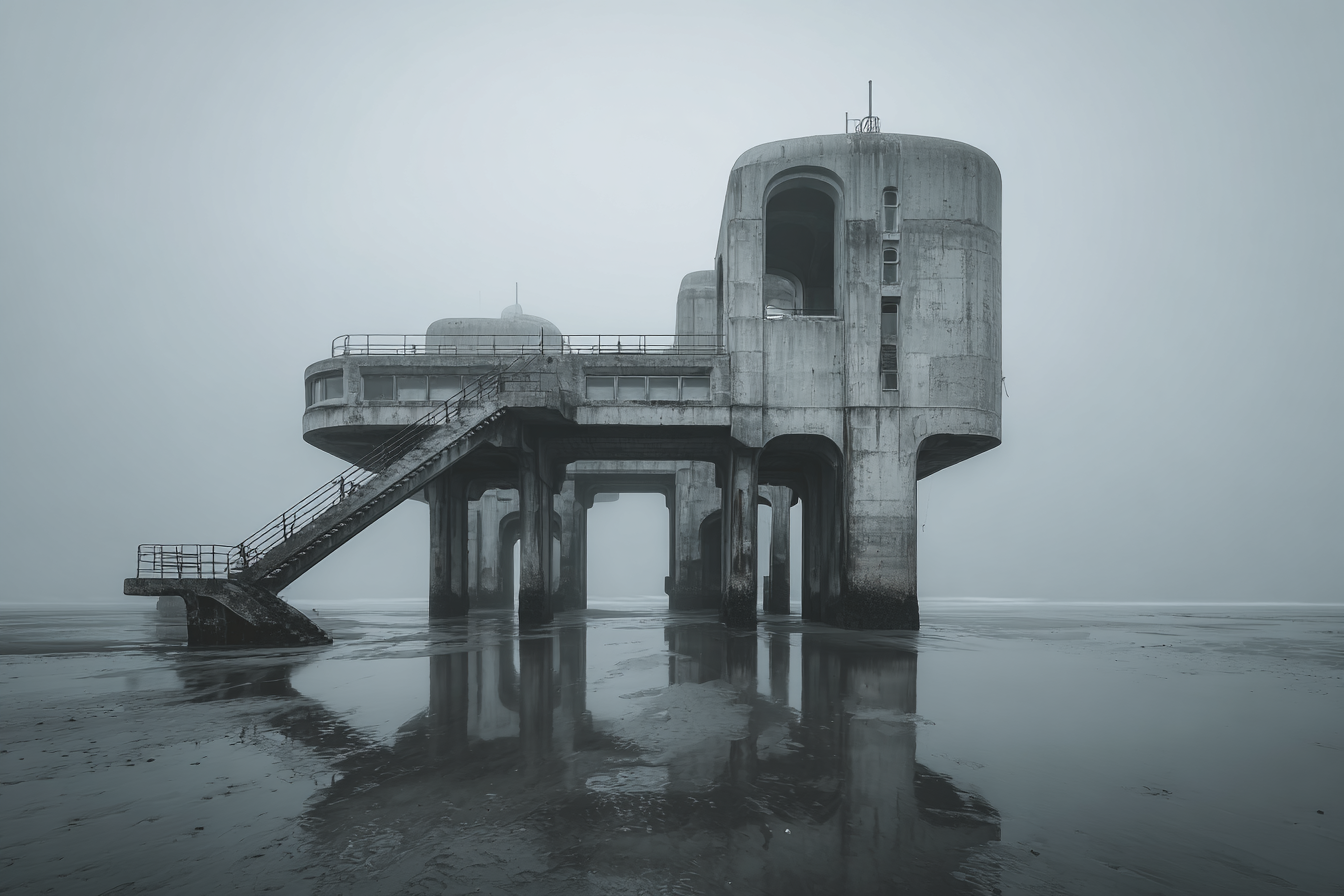 Raw unframed artwork — Brutalist Seaside Pier At Dawn — Architectural Photography | Studio Stevie — source 13344708002095