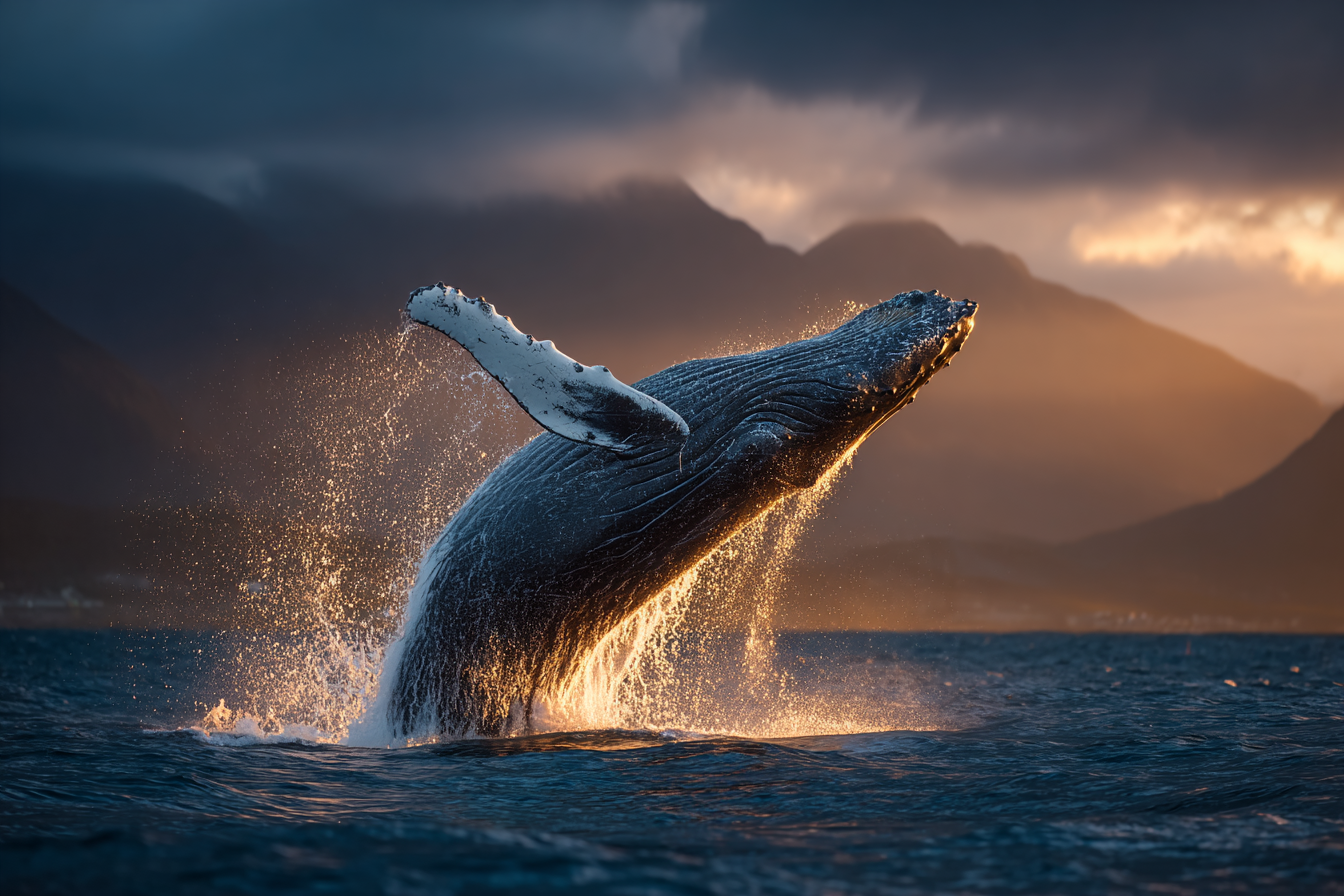Raw unframed artwork — Humpback Whale Breaching At Golden Hour — Landscape Photography | Studio Stevie — source 13344791658799