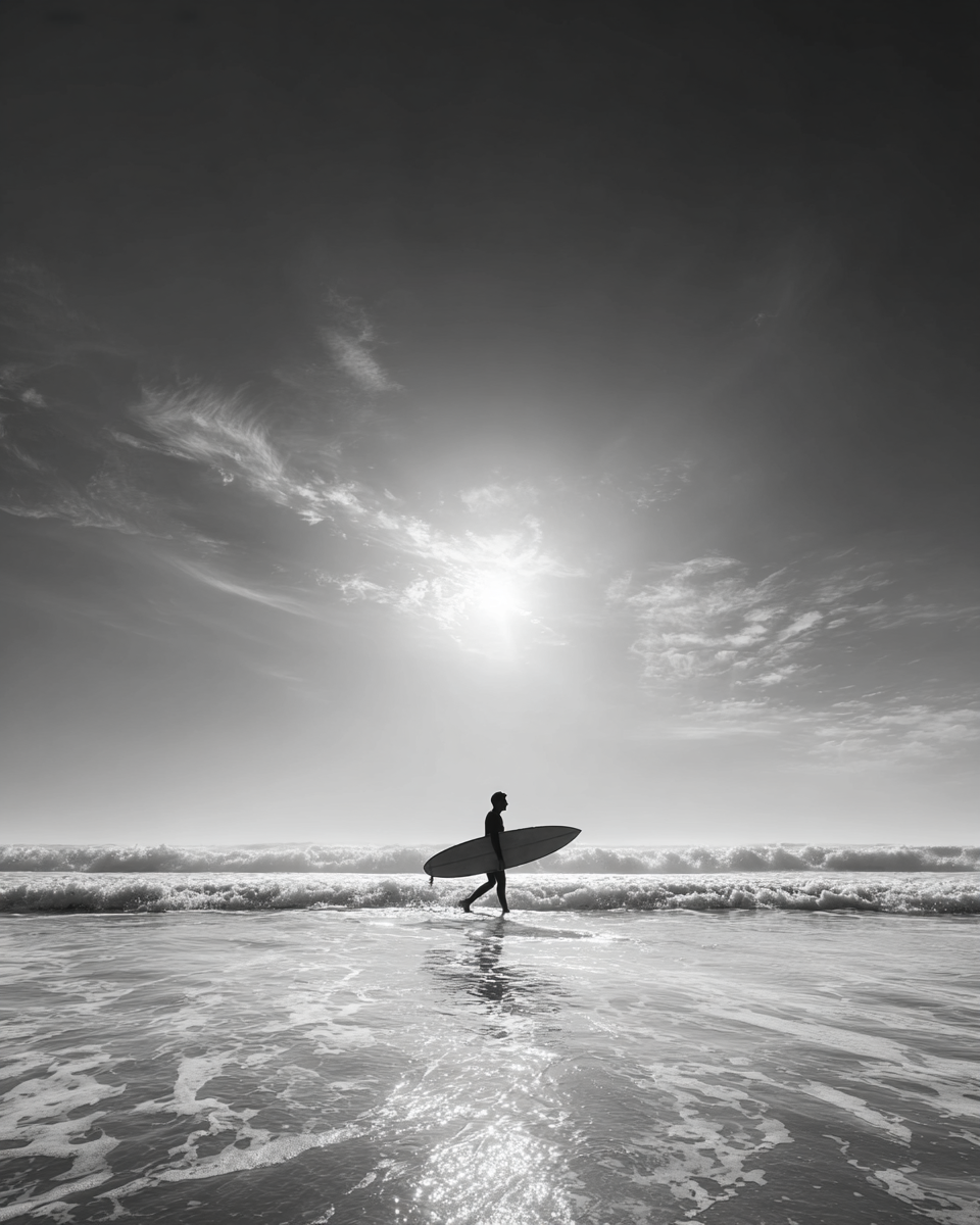 Raw unframed artwork — Surfer Carrying Board — Black and White Photography | Studio Stevie — source 13345127661871